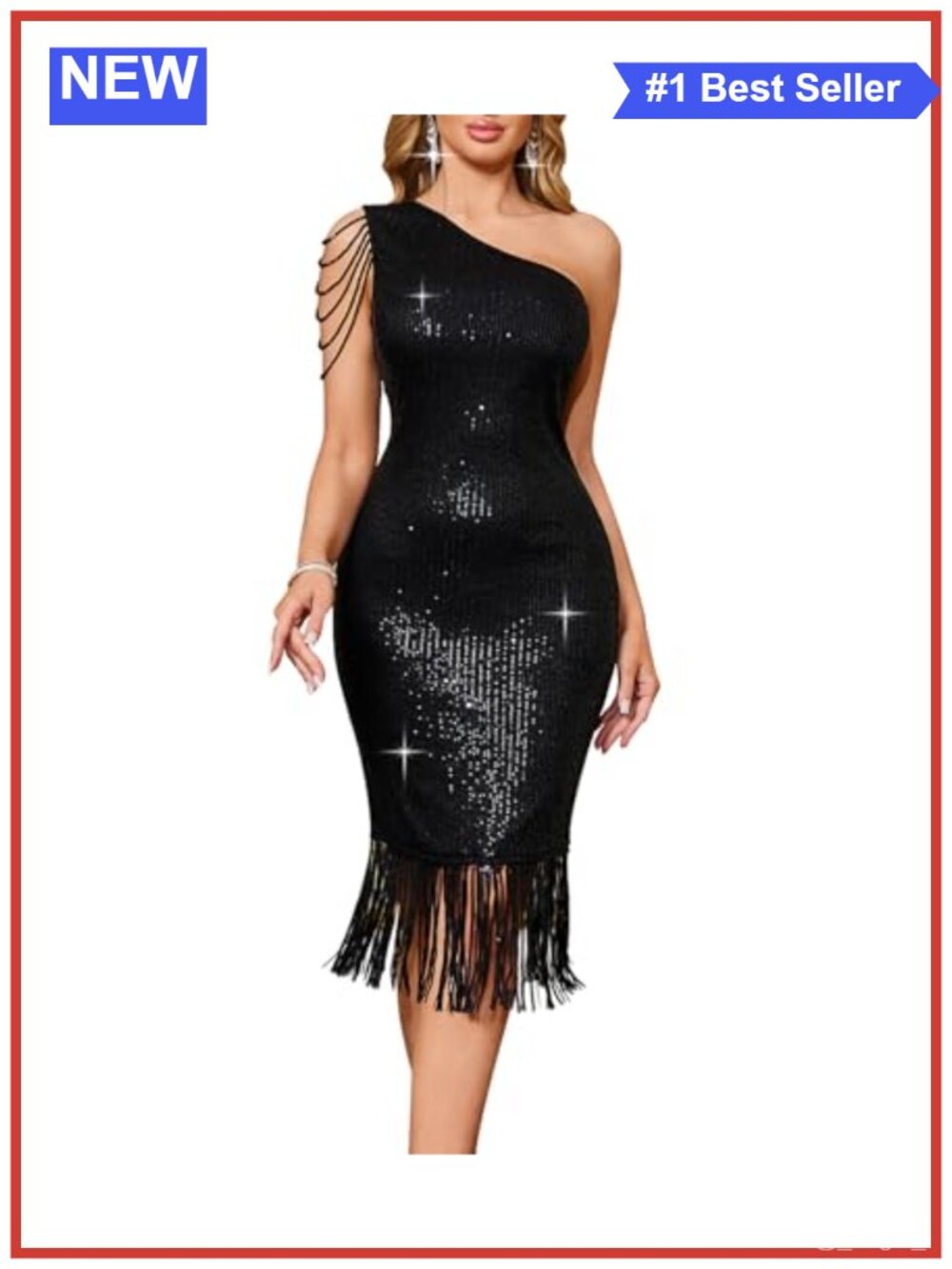 Women Sequin One Shoulder Long Sleeve Tassel Hem Bodycon Midi Dress